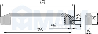 Размеры ручки-скобы NICK с межцентровым расстоянием 160 мм (артикул NIK.160)