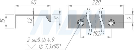 Размеры профиль-ручки с межцентровым расстоянием 192 мм и креплением саморезами (артикул PH.RU01.192)