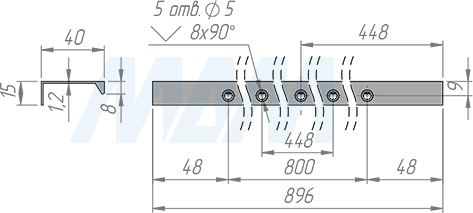 Размеры профиль-ручки с креплением саморезами под фасад шириной 900 мм (артикул PH.RU01.900)