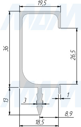 Размеры врезной профиль-ручки для фасада 18 мм (артикул PH.RU08)