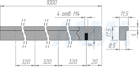 Размеры профиль-ручки длиной 1000 мм с межцентровым расстоянием 320 мм (артикул PH.RU10.1000)