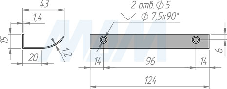 Размеры профиль-ручки с креплением на саморезы и межцентровым расстоянием 96 мм (артикул PH.RU15.096)