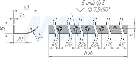 Размеры профиль-ручки с креплением на саморезы длиной 900 мм (артикул PH.RU15.900)
