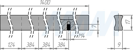 Размеры профиль-ручки длиной 1400 мм с межцентровым расстоянием 384 мм (артикул PH.RU16.1400)