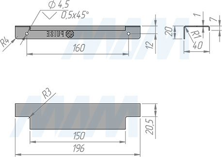 Размеры профиль-ручки для фасада 200 мм (артикул PH.RU22.200)