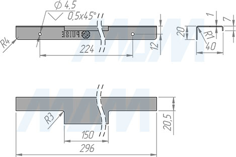 Размеры профиль-ручки для фасада 300 мм (артикул PH.RU22.300)