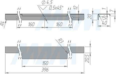 Размеры профиль-ручки для фасада 400 мм (артикул PH.RU22.400)