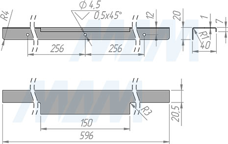 Размеры профиль-ручки для фасада 600 мм (артикул PH.RU22.600)