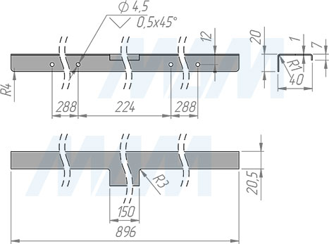 Размеры профиль-ручки для фасада 900 мм (артикул PH.RU22.900)
