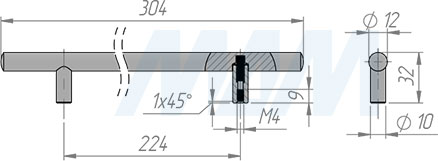 Размеры ручки-рейлинга с межцентровым расстоянием 224 мм (артикул RH.01.224)