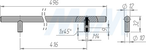 Размеры ручки-рейлинга с межцентровым расстоянием 416 мм (артикул RH.01.416)