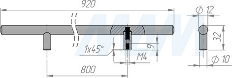 Размеры ручки-рейлинга с межцентровым расстоянием 800 мм (артикул RH.01.800)