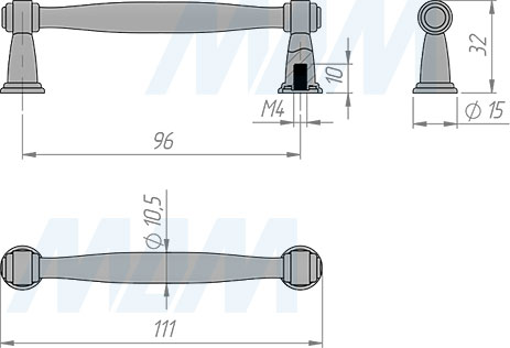 Размеры ручки-рейлинга с межцентровым расстоянием 96 мм (артикул RH.04.096)