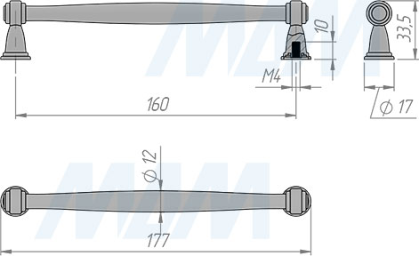 Размеры ручки-рейлинга с межцентровым расстоянием 160 мм (артикул RH.04.160)