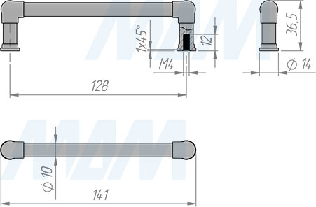 Размеры ручки-рейлинга с межцентровым расстоянием 128 мм (артикул RH.05.128)