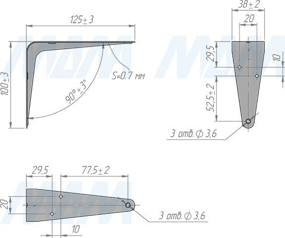 Размеры менсолодержателя SIMPLE для деревянных полок, 100х125 мм (артикул SMP.100x125)