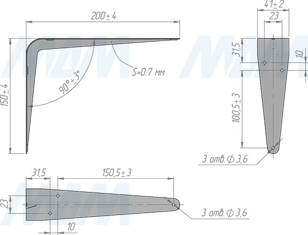 Размеры менсолодержателя SIMPLE для деревянных полок, 150х200 мм (артикул SMP.150x200)
