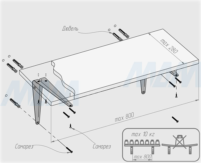Установка менсолодержателя SIMPLE для деревянных полок, 200х250 мм (артикул SMP.200x250)