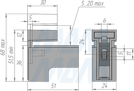 Размеры менсолодержателя КВАДРО МИНИ, 24х51 мм для деревянных и стеклянных полок 5-20 мм (артикул SU15A)