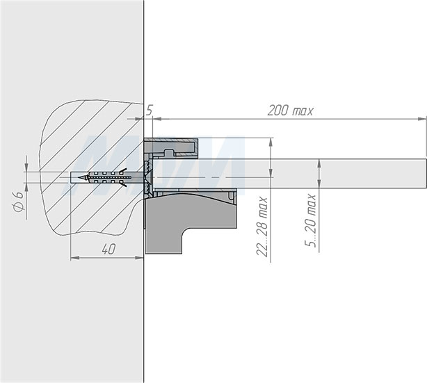 Установка менсолодержателя КВАДРО МИНИ, 24х51 мм для деревянных и стеклянных полок 5-20 мм (артикул SU15A), схема 2