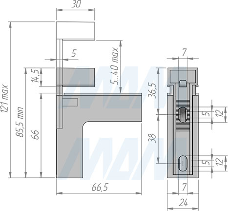 Размеры менсолодержателя КВАДРО МАКСИ, 24х66 мм для деревянных и стеклянных полок 5-41 мм (артикул SU16A)