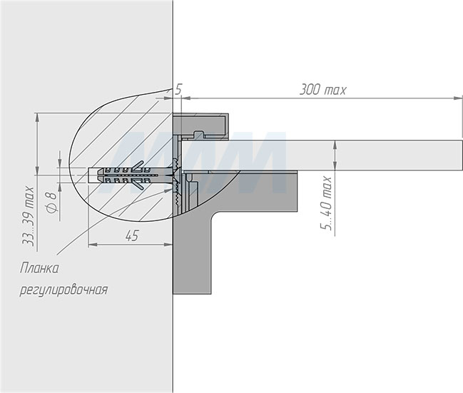 Установка менсолодержателя КВАДРО МАКСИ, 24х66 мм для деревянных и стеклянных полок 5-41 мм (артикул SU16A), схема 2