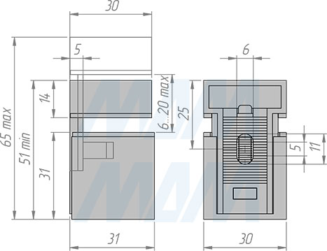 Размеры менсолодержателя КВАДРО 30х30 мм для деревянных и стеклянных полок 5-21 мм (артикул SU20A)