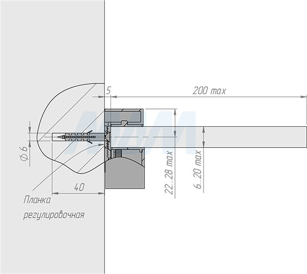 Установка менсолодержателя КВАДРО 30х30 мм для деревянных и стеклянных полок 5-21 мм (артикул SU20A), схема 2