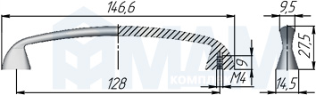 Размеры ручки-скобы с межцентровым расстоянием 128 мм (артикул UN13)