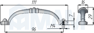 Размеры ручки-скобы CREAVI с межцентровым расстоянием  96 мм (артикул UR2002.../96)