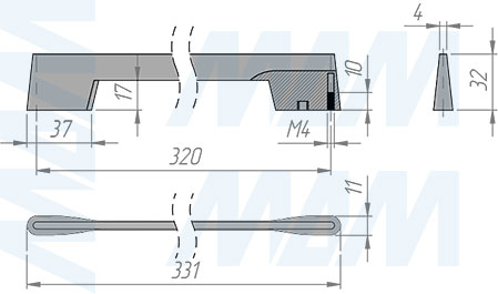 Размеры ручки-скобы с межцентровым расстоянием 320 мм (артикул WMN.001.320)