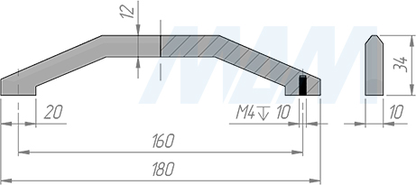 Размеры ручки-скобы с межцентровым расстоянием 160 мм (артикул WMN.844.160)