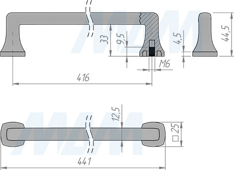 Размеры ручки-скобы с межцентровым расстоянием 416 мм (артикул WMN.845.416)