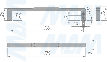 Размеры ручки-скобы с межцентровым расстоянием 160 мм (артикул WMN.882.160)