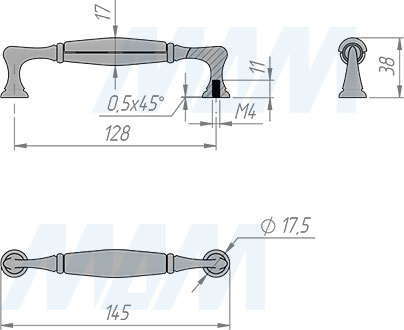Размеры ручки-скобы с межцентровым расстоянием 128 мм (артикул WMN.M64)