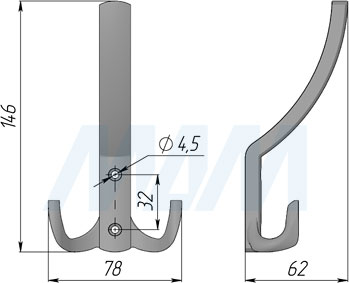 Размеры трехрожкового крючка (артикул WP14)