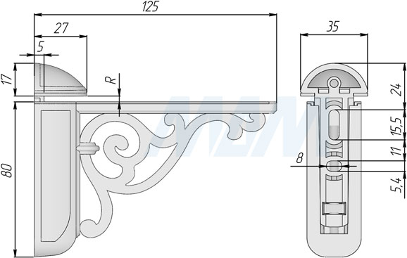 Размеры менсолодержателя VENICE для деревянных и стеклянных полок толщиной 4-40 мм (артикул WRM.805.125)