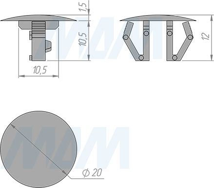 Размеры пластиковой заглушки для отверстия D13-15 мм в листовом металле (артикул CC.13-15)