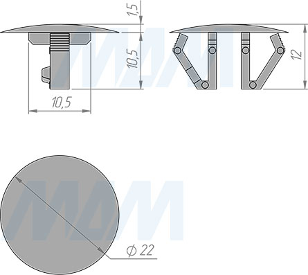 Размеры пластиковой заглушки для отверстия D15-18 мм в листовом металле (артикул CC.15-18)