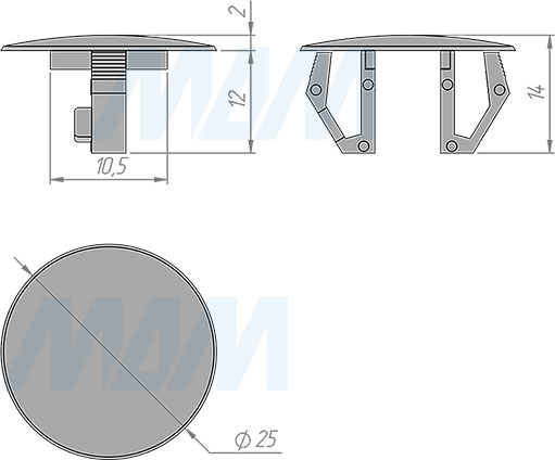 Размеры пластиковой заглушки для отверстия D18-21 мм в листовом металле (артикул CC.18-21)