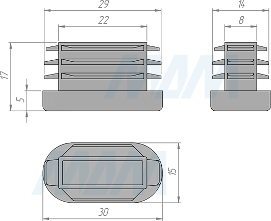 Размеры заглушки-подпятника для овальной трубы 15x30 мм (артикул CC.3015)