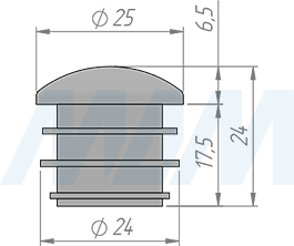 Размеры заглушки-подпятника с полусферической шляпкой для круглой трубы  D25 мм (артикул HL.R.25.SP)