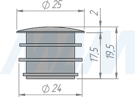 Размеры пластиковой заглушки с тонкой шляпкой для круглой трубы D25 мм (артикул HL.R.25.TH.BL)