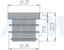 Размеры заглушки-подпятника для круглой трубы D25 мм (артикул HL.R.25)