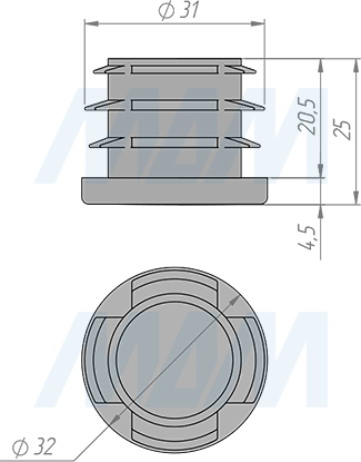 Размеры заглушки-подпятника для круглой трубы D32 мм (артикул HL.R.32)