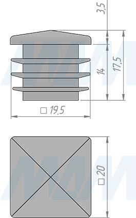 Размеры заглушки со шляпкой пирамидой для квадратной трубы 20х20 мм (артикул HL.S.20X20.P)
