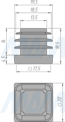 Размеры заглушки-подпятника для квадратной трубы 20х20 мм (артикул HL.S.20Х20)