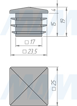 Размеры заглушки со шляпкой пирамидой для квадратной трубы 25х25 мм (артикул HL.S.25X25.P)