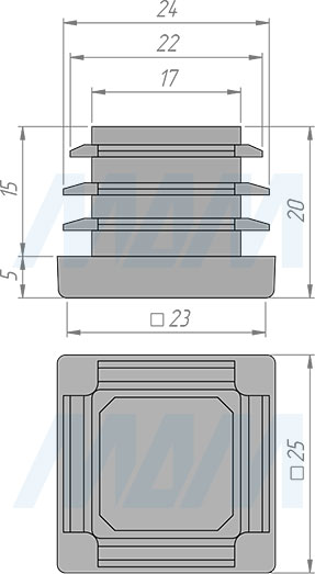 Размеры заглушки-подпятника для квадратной трубы 25х25 мм (артикул HL.S.25Х25)