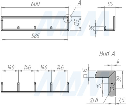 Размеры металлокаркаса вешалки для прихожей 600x95x125 мм (артикул MF.01.600x95x125)